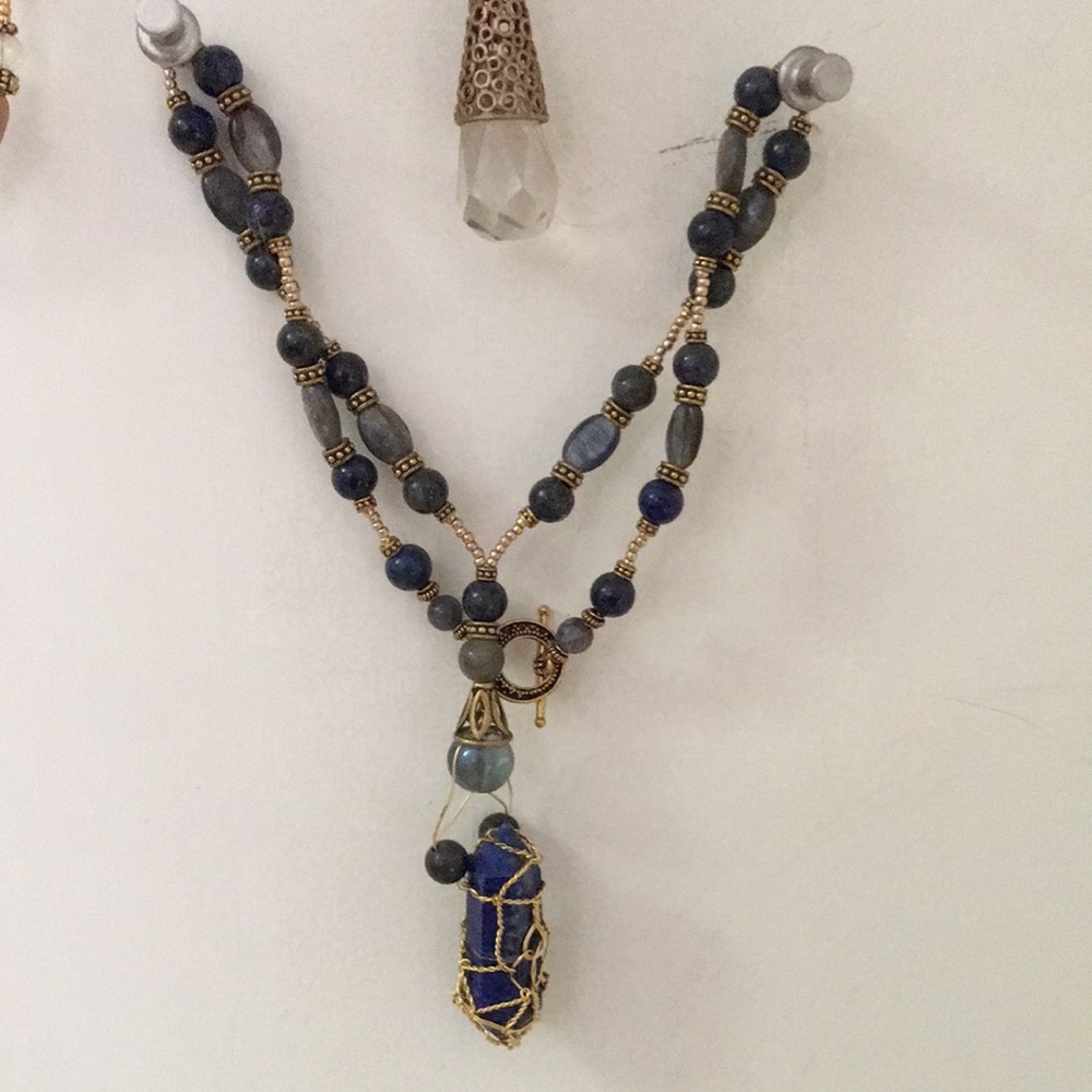 Lapis Lazuli and Kyanite Crystal Necklace Handmade One of a Kind